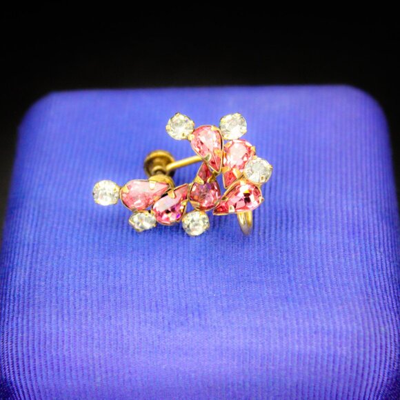 Vintage 1/20 12k Gold Filled Star Art Pink White Rhinestone Screw Back Earrings - Picture 6 of 11